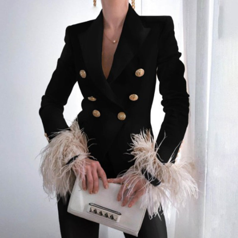 Voguable  Elegant Turn-down Collar Lady Suit Tops Casual Feather Patchwork Long Sleeve Coat Women Fashion Double-Breasted Jacket Outerwear voguable