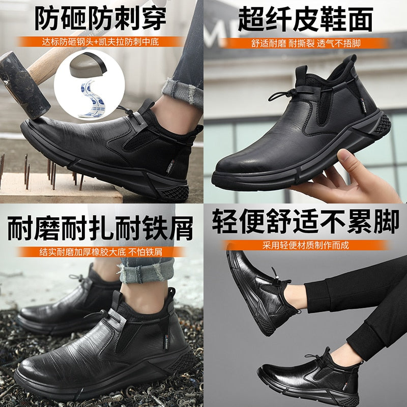 Black Leather Waterproof Safety Work Shoes For Men Steel Toe Office Boots Shoes Indestructible Construction Male Boots Footwear voguable