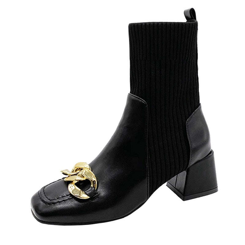 Shoes White Ankle Boots Boots-Women Winter Footwear Low  Autumn Med Rubber Ladies Rock Solid PU Hoof Heels Basic Chain Lace voguable