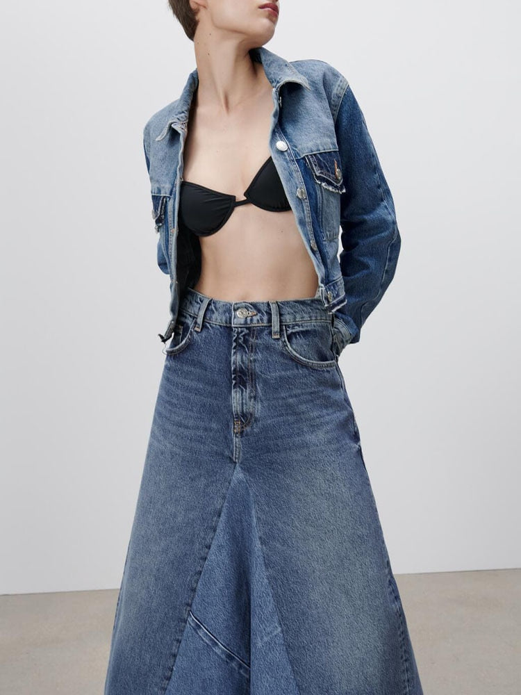 Voguable  denim skirt 2022 spring new women's clothing Versatile fashion high waist contrast color patchwork casual denim skirt series voguable