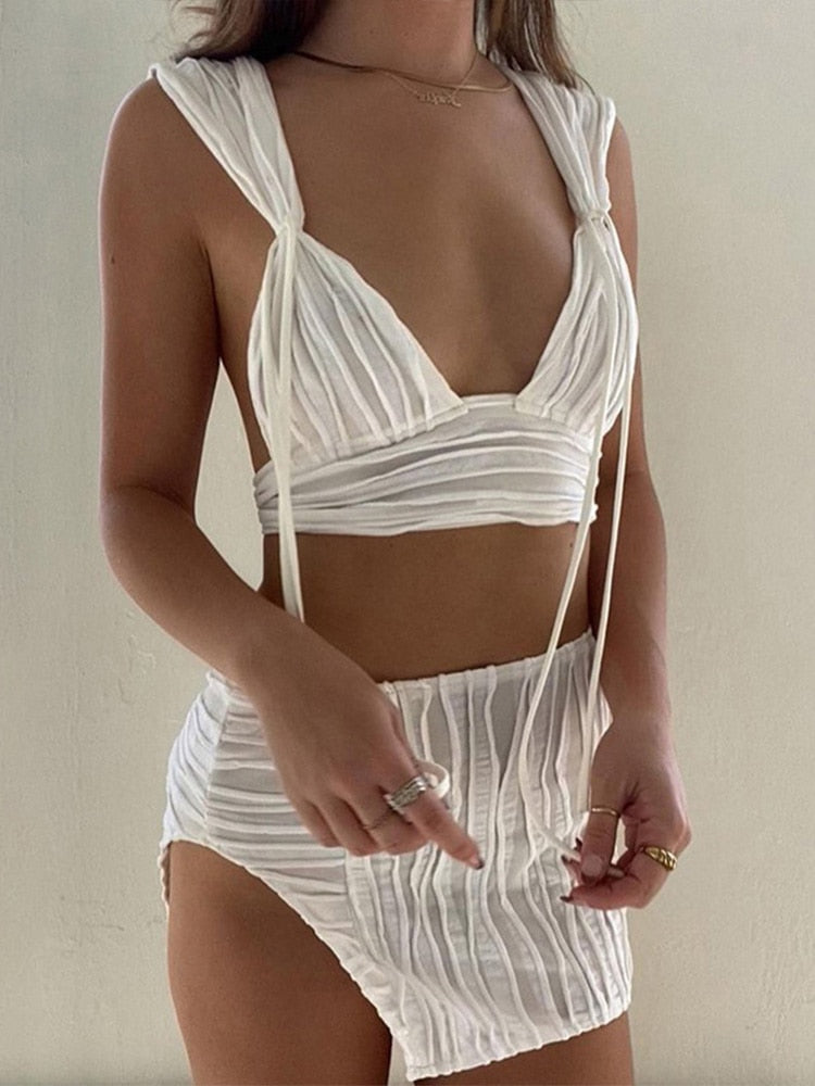 Voguable  White Women's Suits With Skirt Jacquard Knitted Chic 2 Pieces Set Beach Rave Crop Tops Split Mini Skirts Sexy Outfits For Woman voguable