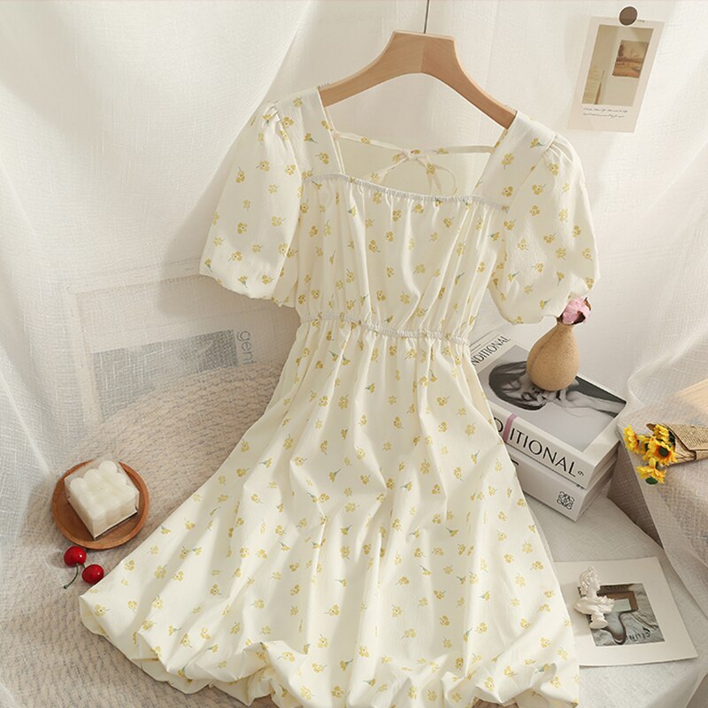 Voguable  Chic Dress Women 2022 Summer Floral Printed Square Collar Puff Sleeves High Waist Slim A-line Vintage Dresses voguable