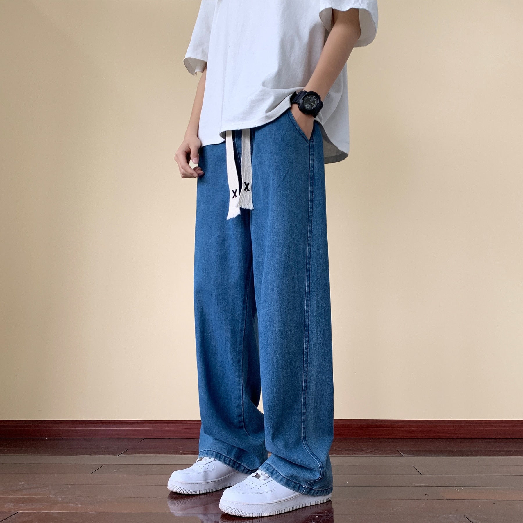 Japanese Style Trend Y2k Baggy Straight Jeans Men's Summer New Wide Leg Solid Color Casual Denim Pants Male High Street Trousers voguable