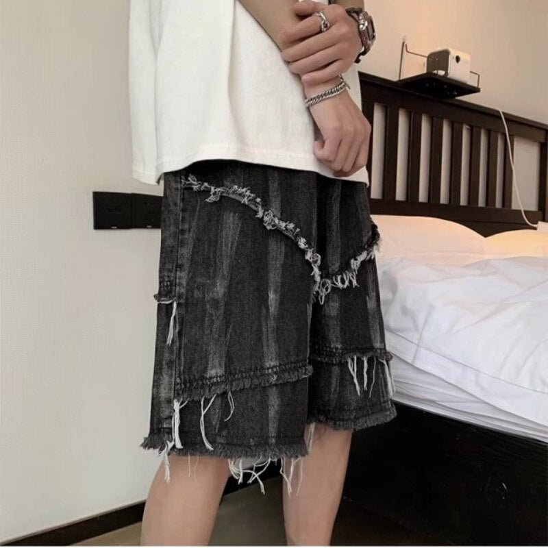 Shorts Men Tie Dye Denim Summer American Loose Handsome Design Casual Knee-length Streetwear Harajuku Trendy Leisure Sweatshorts voguable