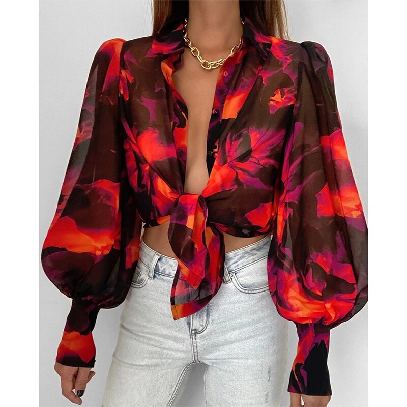 Print Ladies Lantern Sleeve Blouses Fashion Spring Office Lady Vintage Floral Shirt Tops Button Up Long Sleeve Shirts voguable