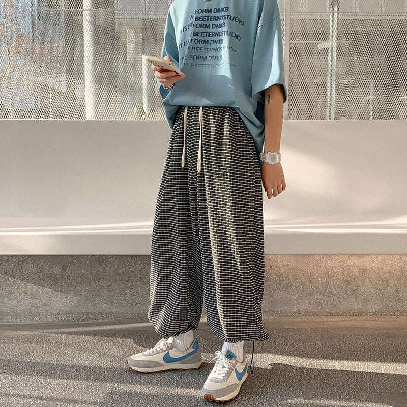 Summer Oversized Casual Pants Men Fashion Retro Ice Silk  Plaid Pants Men Streetwear Hip Hop Loose Straight Pants Mens Trousers voguable