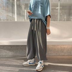 Summer Oversized Casual Pants Men Fashion Retro Ice Silk  Plaid Pants Men Streetwear Hip Hop Loose Straight Pants Mens Trousers voguable