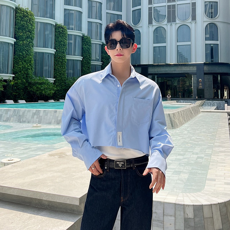 Male Stylish Burrs Shirt Niche Design Casual Long Sleeve Short Top Men's Solid Color Turn-down Collar Clothing voguable