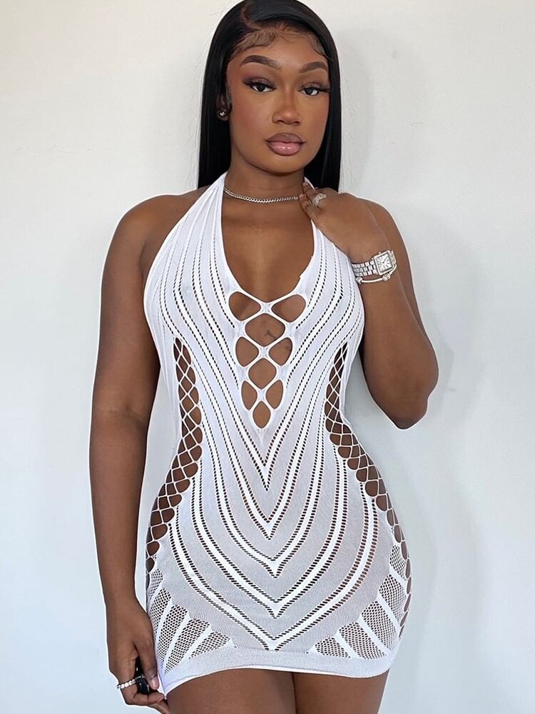 Voguable spring outfits 2022   Solid Halter Sleeveless Backless Mesh Hollow Out Mini Dress 2021 Summer Fall Bodycon Sexy Party Club Elegant Y2K voguable