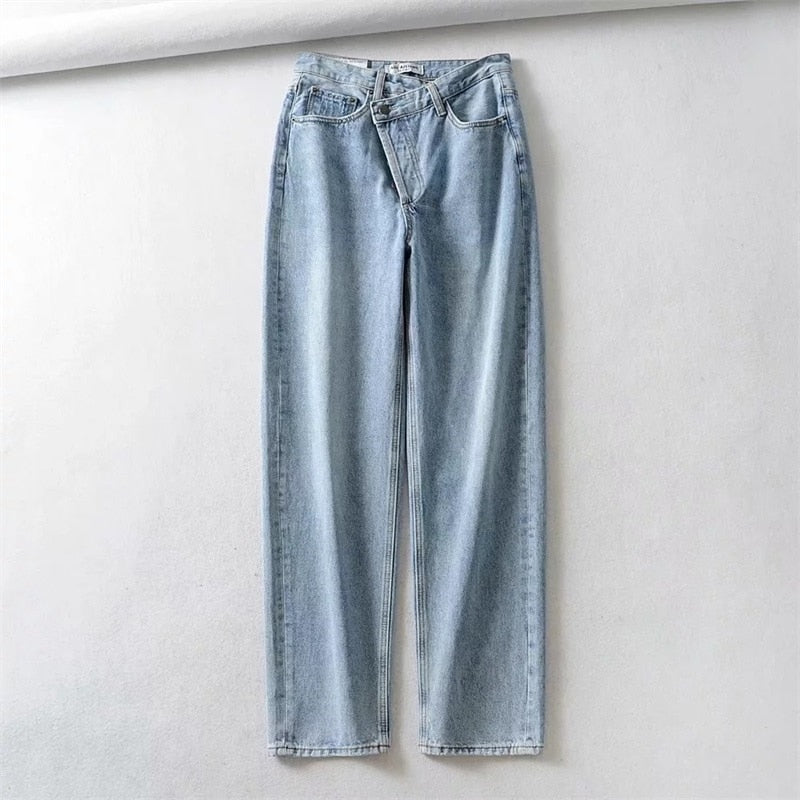 2022 Summer New Fashion Light Blue Women Asymmetric Fly Jeans With Button Closure Split Waist Straight Leg Jeans big size 2S4F voguable