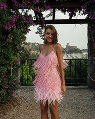 2022 Summer Pink Party Dress Evening Luxury Sequined Tassel Feather Dress Women Clothes Sexy Bodycon Dress Club Outfits Vestidos voguable
