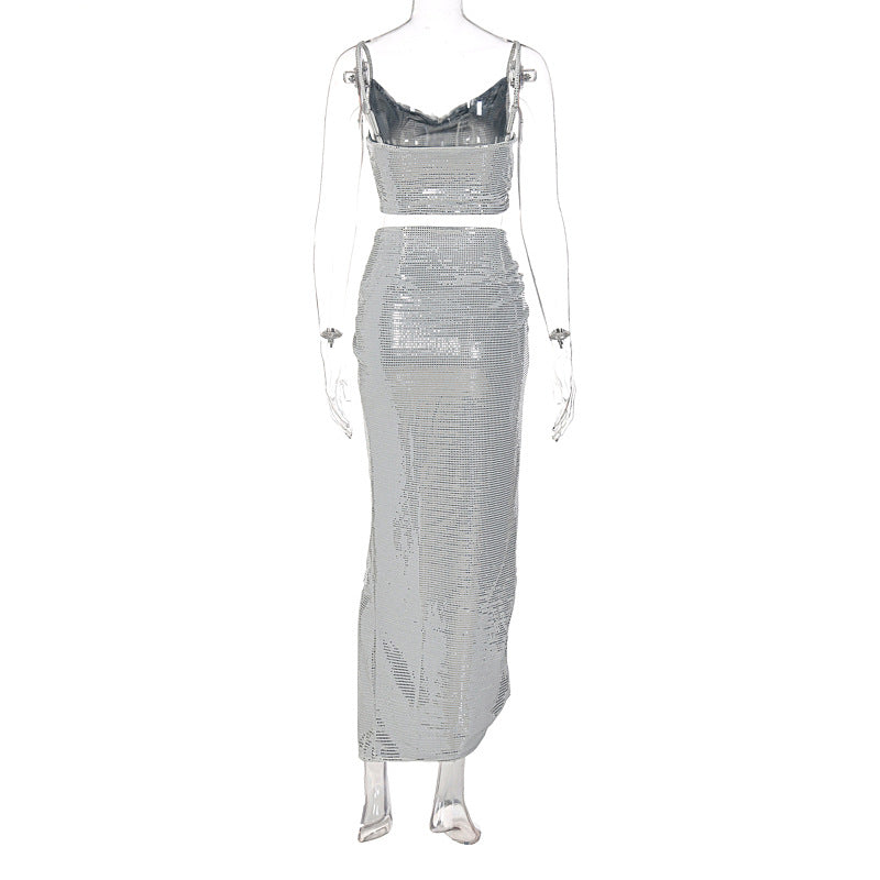 Voguable  Sleeveless Lady Maxi Dresses Elegant Women Two Piece Irregular Party Dress Floor Length Dress Draped High Slit Dress Club Wear voguable