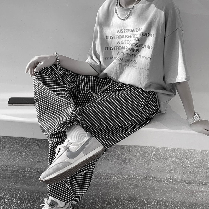 Summer Oversized Casual Pants Men Fashion Retro Ice Silk  Plaid Pants Men Streetwear Hip Hop Loose Straight Pants Mens Trousers voguable