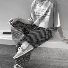Summer Oversized Casual Pants Men Fashion Retro Ice Silk  Plaid Pants Men Streetwear Hip Hop Loose Straight Pants Mens Trousers voguable