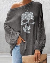 Glitter Skeleton Lantern Sleeve Top Fashion Woman Blouses  Shirts Female Clothing autumn spring voguable