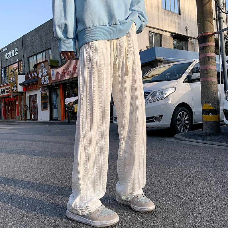 Summer New Drape Wave Striped Casual Pants Men's Loose American Oversized Wide Leg Pant Male Elastic Waist Street Sweatpant voguable