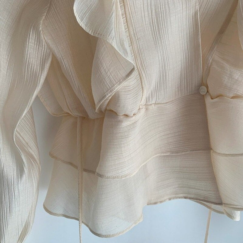 Spring Vintage Chiffon Blouse Women Ruffled V-neck Solid Woman's Shirt Tops Solid Sweet Long Sleeve Female Blouses voguable