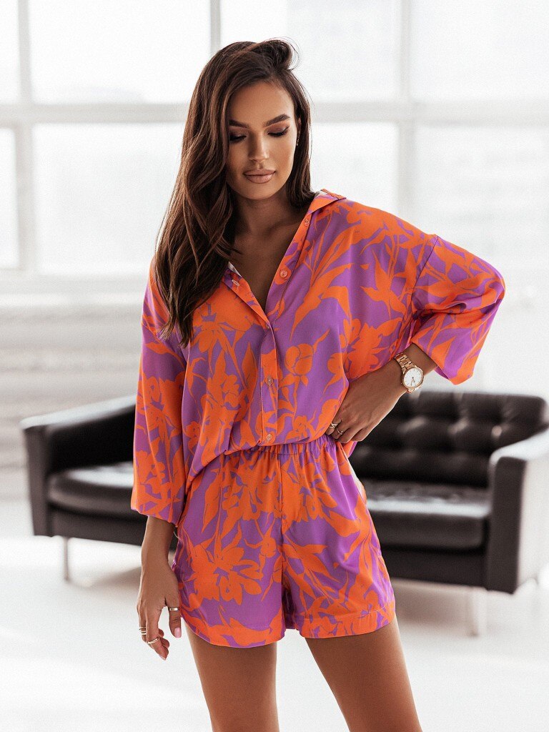 Floral Print Boho Women Shorts Set Summer Casual Long Sleeve Button Up Shirt Shorts Outfits 2 Pcs Beach Suit voguable