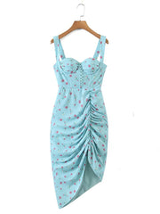 2022 Fashion Women Spaghetti Strap Asymmetrical Drawstring Slit Sexy Dress Sweet Floral Print Summer Ladies Chiffon Robe voguable