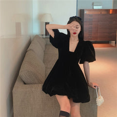 Voguable  Vintage French Crop Dress Women 50s 60s Audrey Hepburn Flannel V Neck Dresses Puff Short Sleeve Sexy Party Elegant Fluffy Frocks voguable