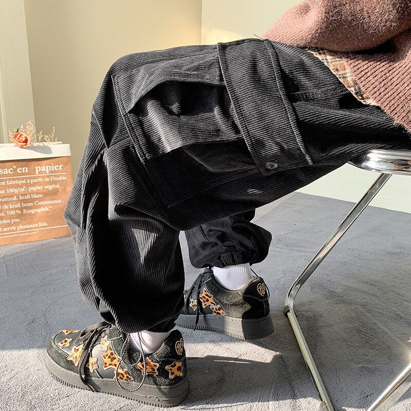 Autumn Winter Corduroy Pants Men Fashion Oversize Pocket Cargo Pants Men Streetwear Hip Hop Loose Straight Pants Mens Trousers voguable