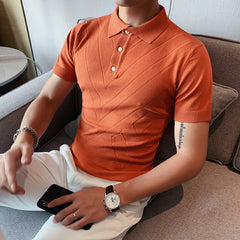 Voguable 2022 New Man Solid Color Stripped Ice silk knitting Polo Shirt Casual  British style Slim Men Short Sleeve High Quantity polo voguable
