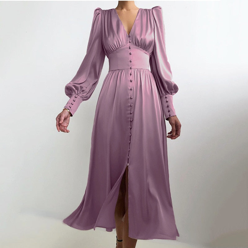 Women's Single Breasted Satin Lantern Sleeve Party Dress Elegant High Waist Chic Lady Vestidos 2022 Autumn Robe voguable