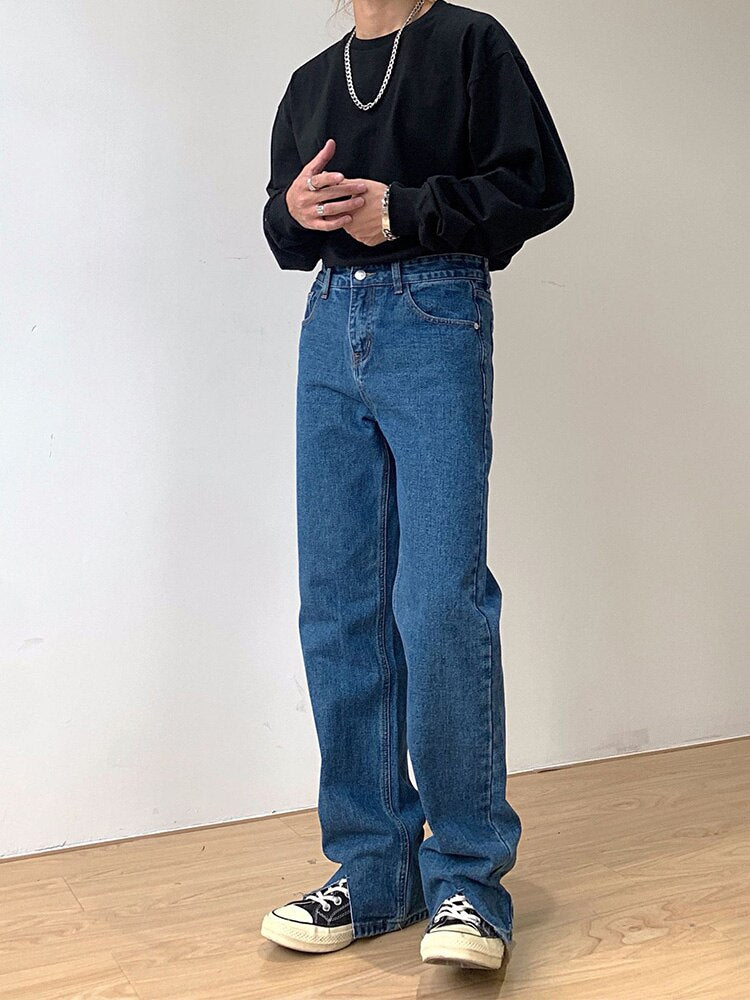 Voguable Men's Jeans Split Loose Leg Vintage Punk Denim Hip Hop Streetwear Pants Korean Chic Design Straight Casual Male Long Trousers voguable