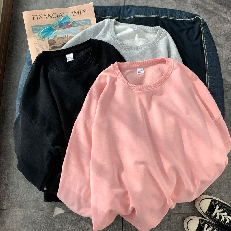 Spring Autumn Solid Loose Round Neck Sweater Mens Korean Fashion Y2k Full Sleeve Pullover Sweater Male Round Neck Casual Tops voguable