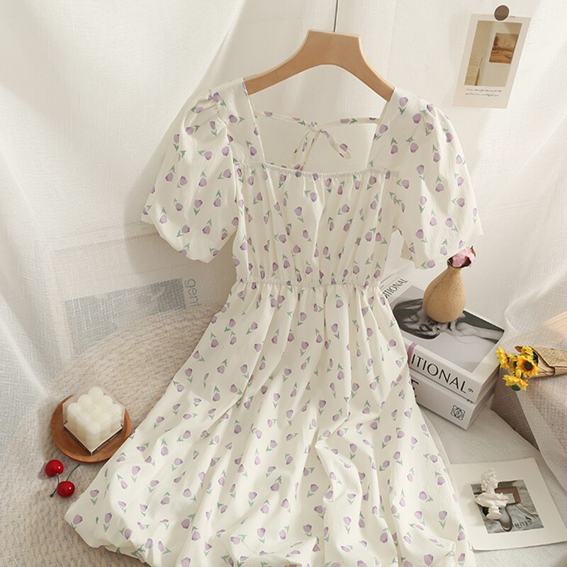 Voguable  Chic Dress Women 2022 Summer Floral Printed Square Collar Puff Sleeves High Waist Slim A-line Vintage Dresses voguable