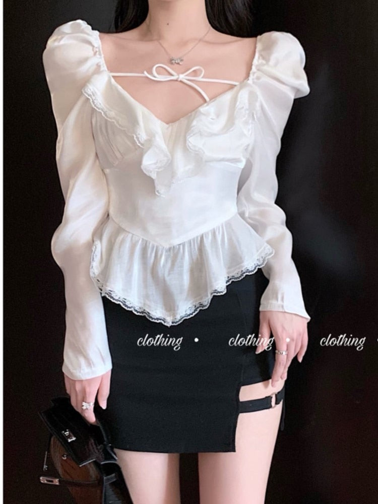 Spring Autumn Vintage Chiffon Lace Sexy Blouse For Women Sweet Empire Waist Skinny Solid Party Tops Female New Clothes voguable