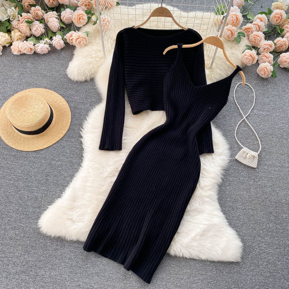 Women Elegant Slim Two Piece Sets Female Sweater Dress Autumn Winter High Waist Knitted Ensemble Femme Medium Long Party Dresses voguable