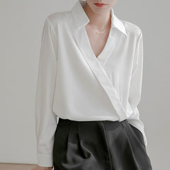 Fashion Elegant Slik Women Shirts Office Lady Tops Spring Casual Satin White Blouse V-neck Long Sleeve Shirt Blusa Mujer voguable