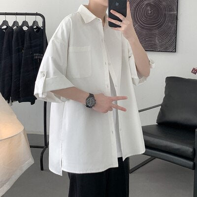 Oversize Solid Color Men Shirt Short Sleeve Pockets Summer Blouses Classic Tops Fashion Korean Clothing Male Cardigan voguable