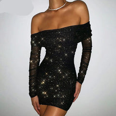 Voguable  2022 Women Sexy Backless Off Shoulder Mesh Long Sleeves Autumn Dress Black Glitter Mini DressesClub Party Bodycon Vestidos voguable