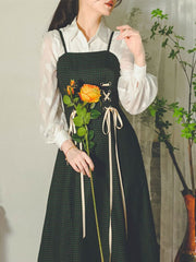 Retro Preppy Strapped Plaid Blazer Jacket + Suspender Dress Spring Autumn 2pcs Suit Vintage Dark Green Palace Style Set voguable