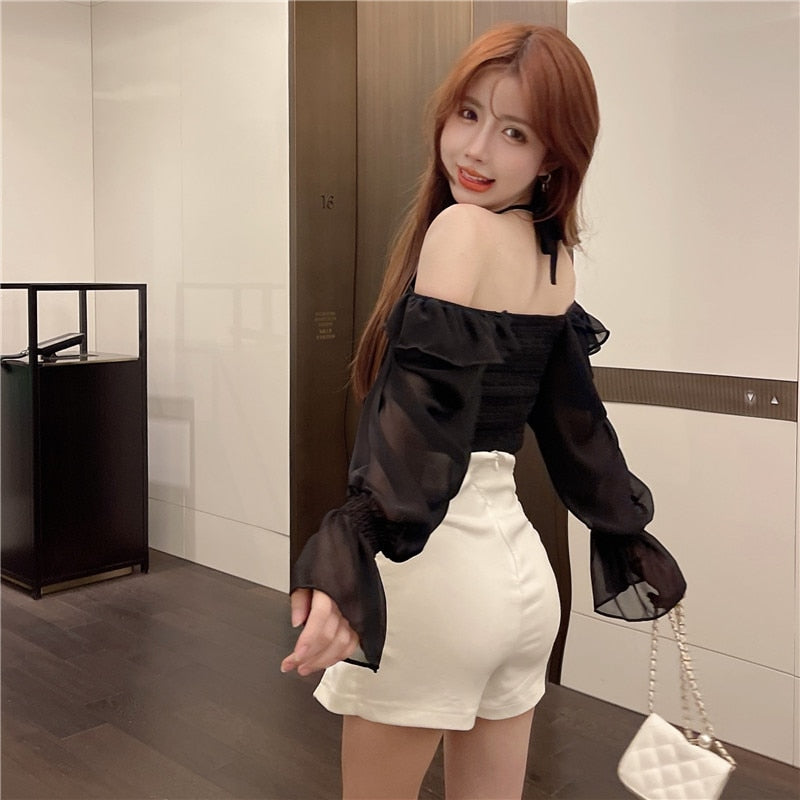 Ladies Sexy Halter Strap Short Chiffon Top Korean Autumn Long Sleeve Slim Shirt Solid Color White Fashion Clothes voguable