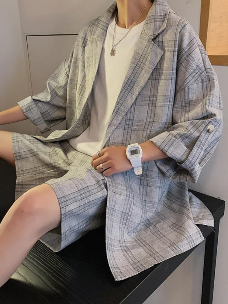 Half Sleeve Blazer Suits for Men Women Korean High Street Elegant Set Unisex Handsome Loose  Shirt + Suit Shorts 2pcs voguable