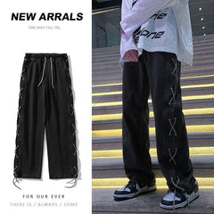 Cross Ribbon Jeans Men's Baggy Designer Brand Denim Pants Fashion Y2K Gothic Streetwear Korean Clothing Male Trousers voguable