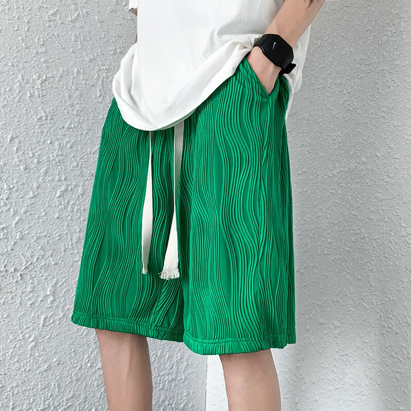 Summer 4-color Pleated Shorts Men Fashion Casual Ice Silk Shorts Men Japanese Streetwear Loose Straight Shorts Mens Beach Shorts voguable