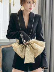 High Quality Brand New Spring Runway Short Jumpsuit Golden Bowknot Belt Long Sleeve Women Sexy Party Romper Playsuits voguable