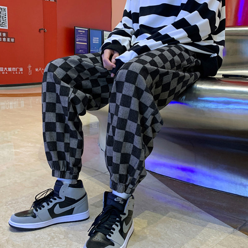Autumn and Winter Checkerboard Jeans Men's Casual Loose Sports Leggings Hong Kong Style American Hip-hop Retro Trousers voguable