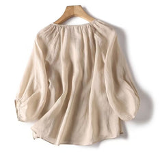 Elegant Casual Loose Cotton Women Blouse Fashion O Neck Vintage Puff Sleeve Buttons Shirts Women Summer Office Ladies Tops voguable