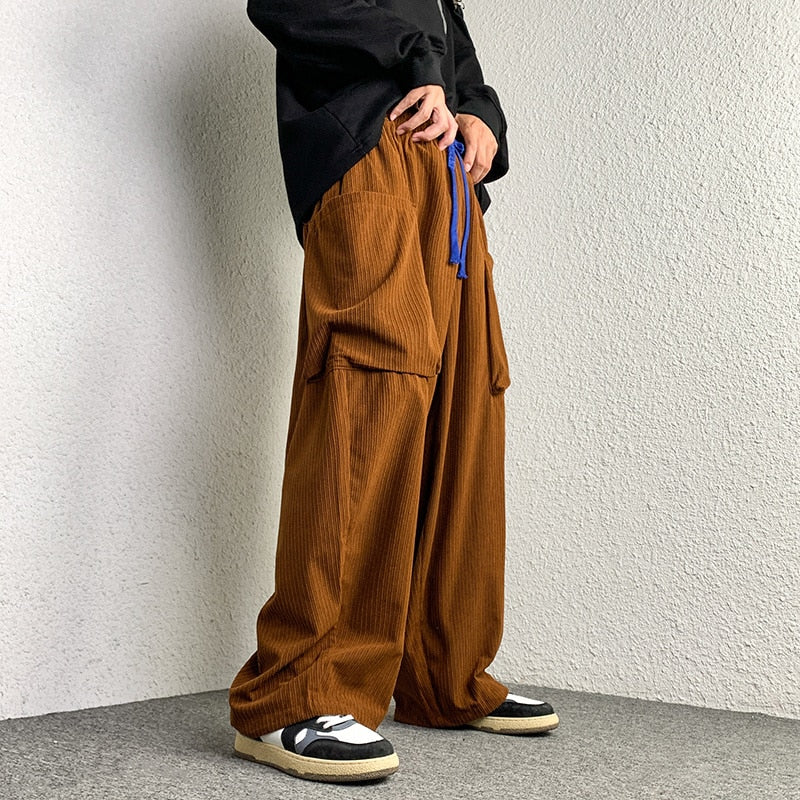 High Street Corduroy Oversized Men's Harem Pants Fashion Design Loose Straight Casual Trousers Drawstring Hip Hop Pants voguable
