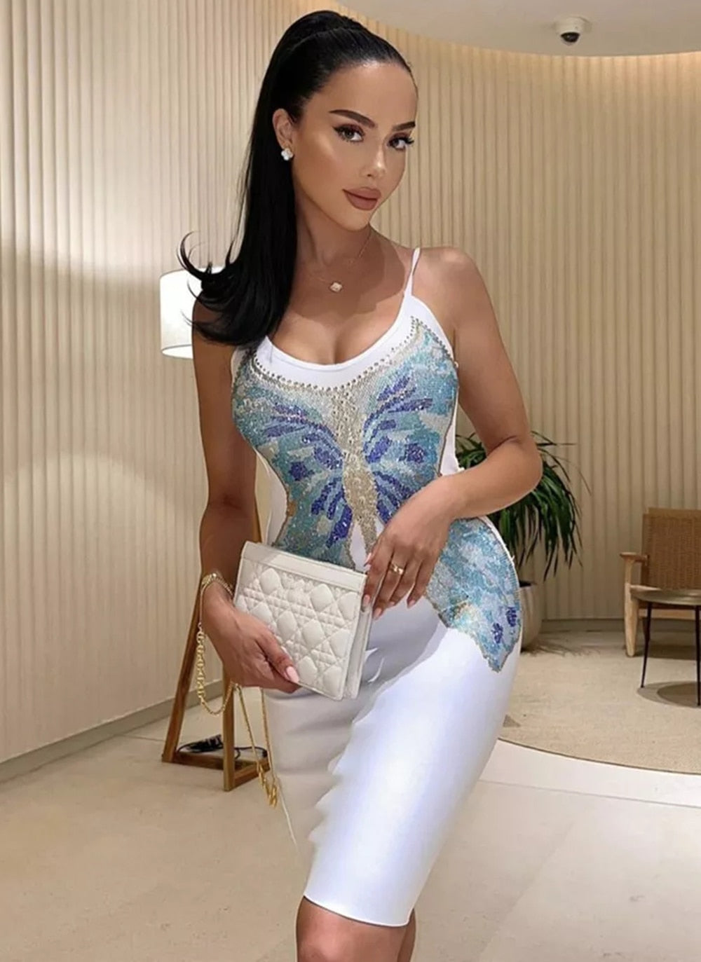 Voguable  New Women's Skinny Sexy Sleeveless Sling Butterfly Beaded Shiny Mini Bandage Dress Elegant Club Party Dress Vestidos voguable