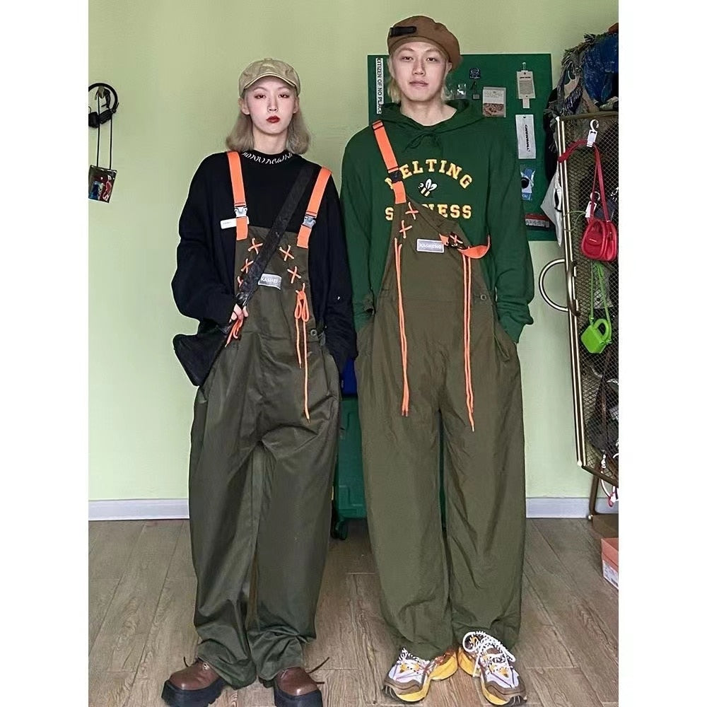 Men's Fashion Retro Army Green Work Suspenders American Streetwear Casual Pants Loose Fashion Trousers Romper Jumpsuit voguable