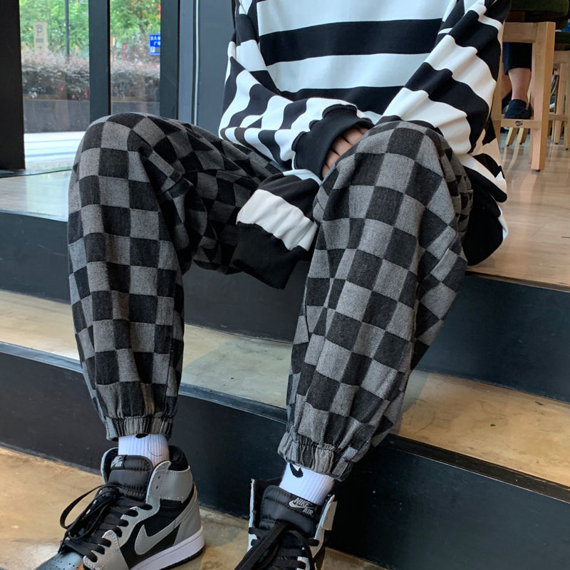 Autumn and Winter Checkerboard Jeans Men's Casual Loose Sports Leggings Hong Kong Style American Hip-hop Retro Trousers voguable