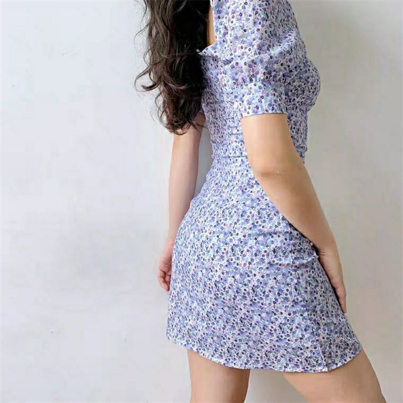 2022 Summer French Prairie Chic Retro Chiffon Floral Sheath Puff Sleeve Square Collar Drawstring Tie Slim High Waist Women Dress voguable