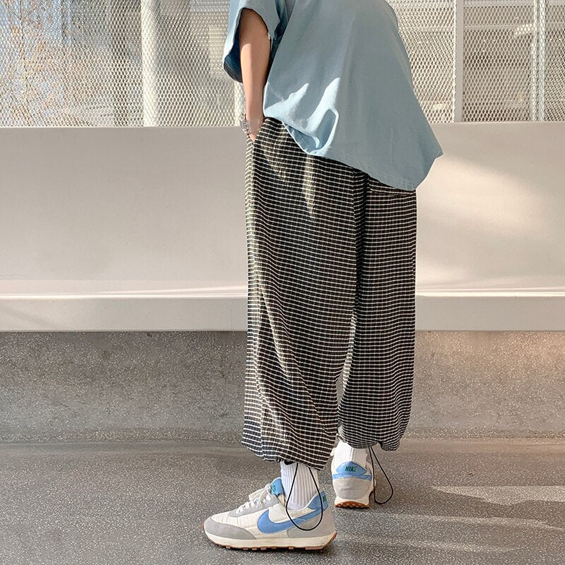 Summer Oversized Casual Pants Men Fashion Retro Ice Silk  Plaid Pants Men Streetwear Hip Hop Loose Straight Pants Mens Trousers voguable