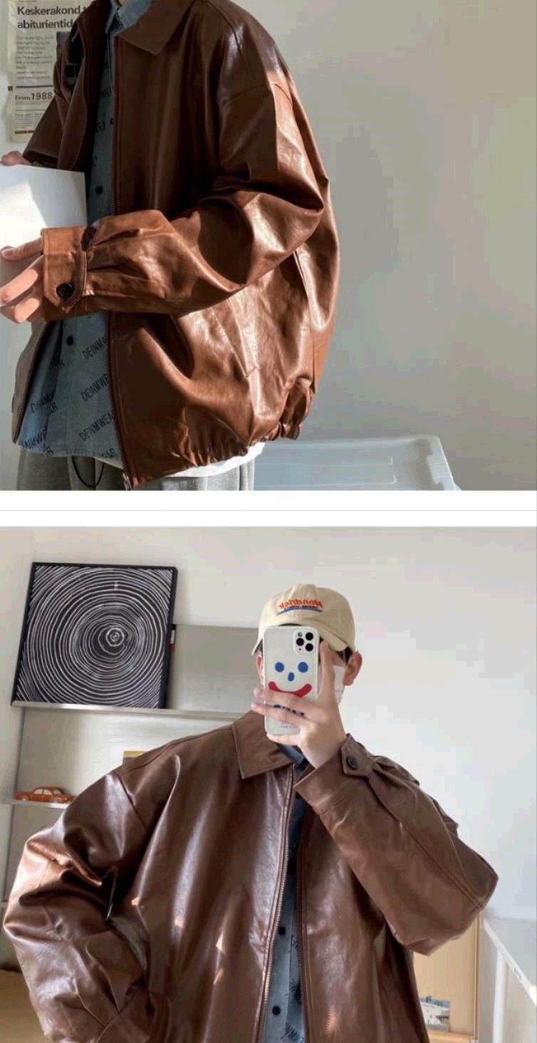Voguable Pu Leather Jacket Men Brown Retro Motorcycle Jacket Autumn Korean Fashion Fried Street Loose Zipper Bomber Jacket Learher Coats voguable